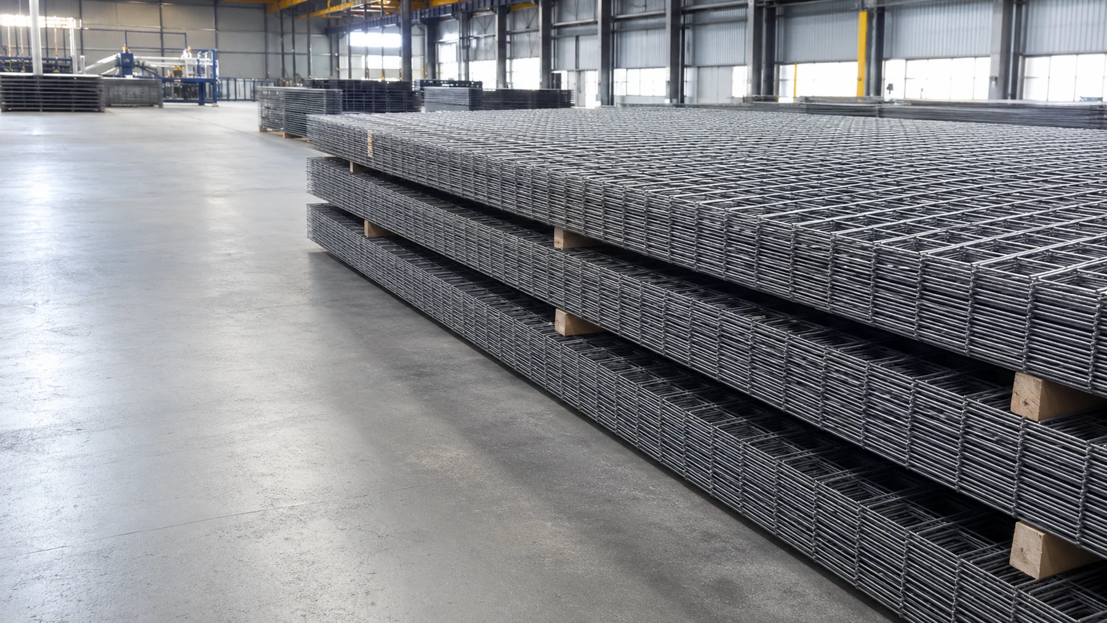 Reinforcing mesh stacked in a workshop