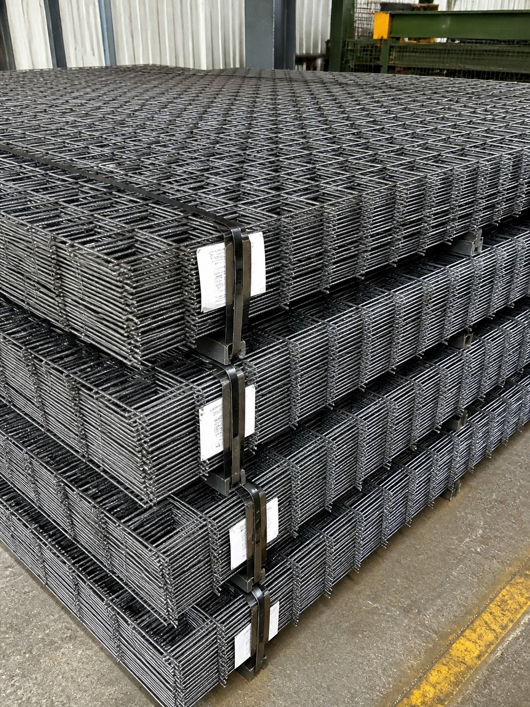 Reinforcing mesh sheets stacked in factory